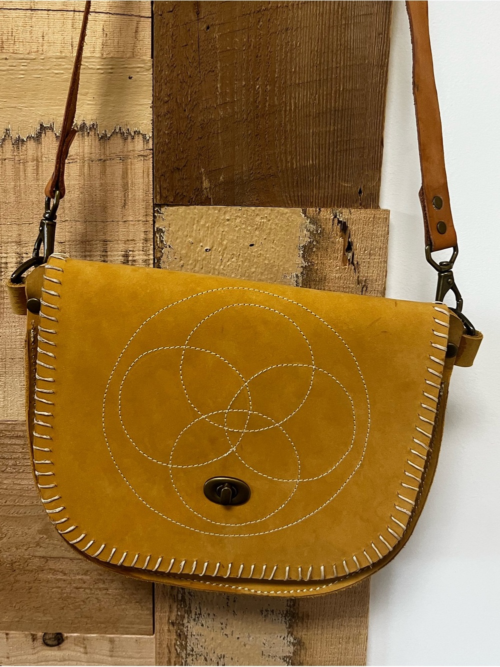 Mustard Yellow Full Grain Leather Crossbody Bag - Unbranded